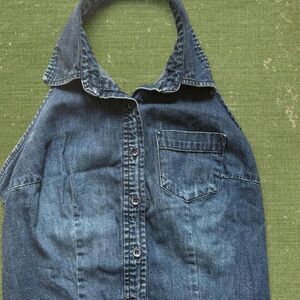 Express Jeans, Women's Dark Blue Wash Halter Top, Open Tie Back
